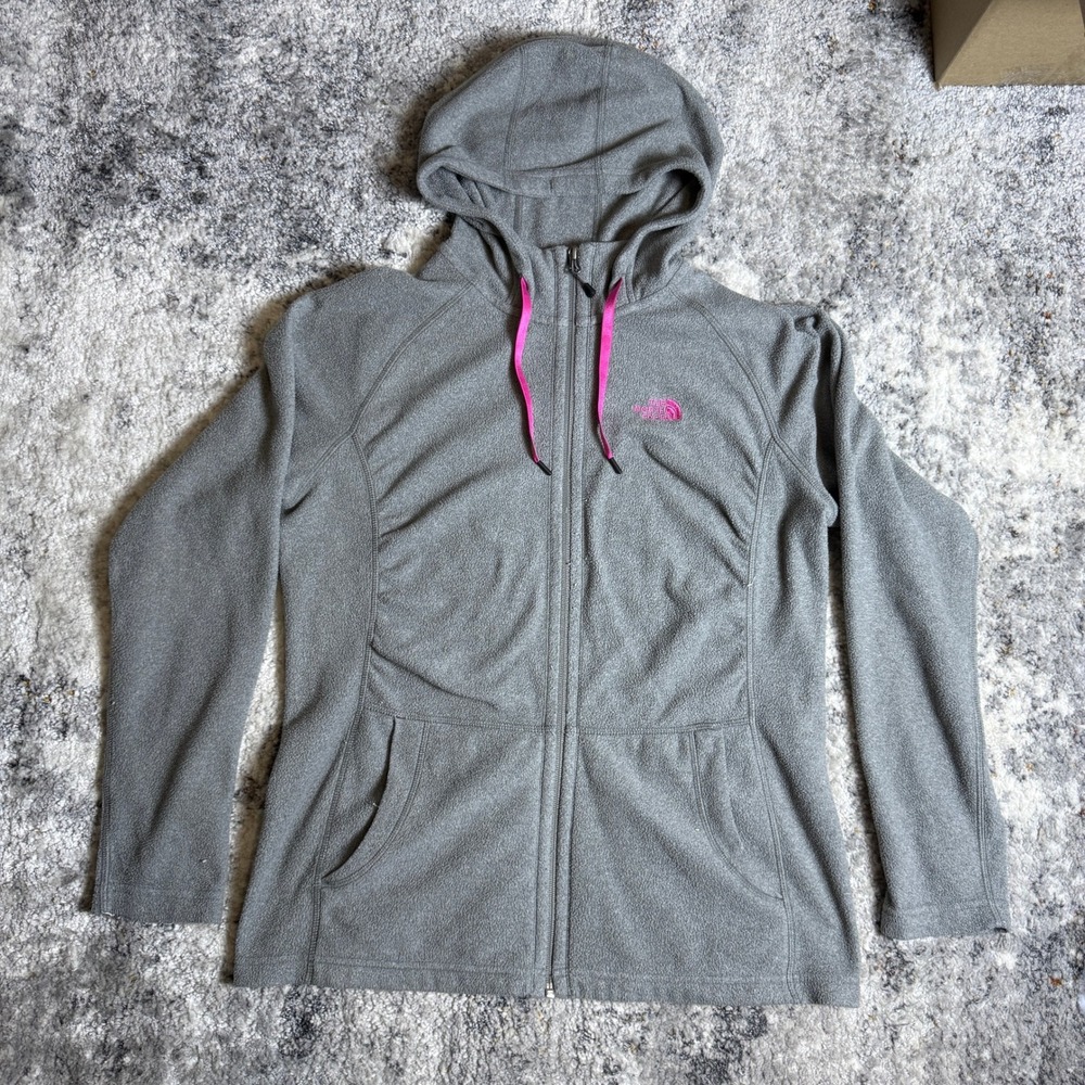 The North Face Womens Gray Full Zip Fleece Hoodie Pink Logo Size Large L